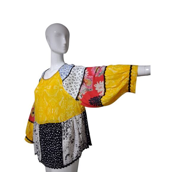 John Mark Patchwork Boho Women's Large Cottagecore Balloon Sleeve Crochet Top - Picture 3 of 9